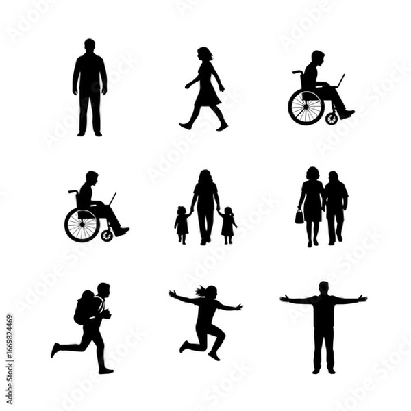 Fototapeta Silhouette of people in sports and dance vector illustration with family and fashion elements