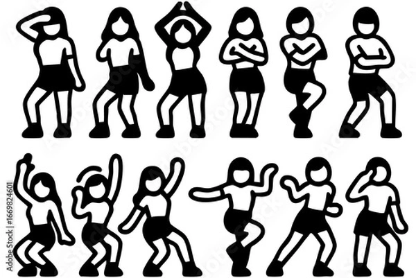 Fototapeta Vector illustration of female K-pop dancers in twelve simplified icon-style poses. Perfect for music, dance, entertainment, and cultural designs, posters, websites, and creative projects. Minimalist a