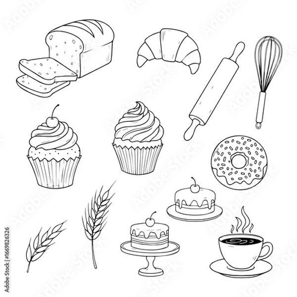 Fototapeta Cupcake chocolate coffee breakfast vector illustration icon dessert bread pastry sandwich tea caricature fast food model
