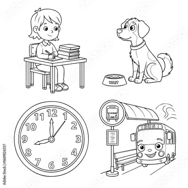 Fototapeta Cute cartoon puppy and kitten having fun in a playful pet illustration