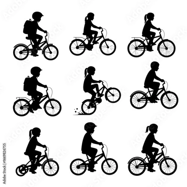 Fototapeta Silhouette of cyclists riding vintage bicycles in a vector design