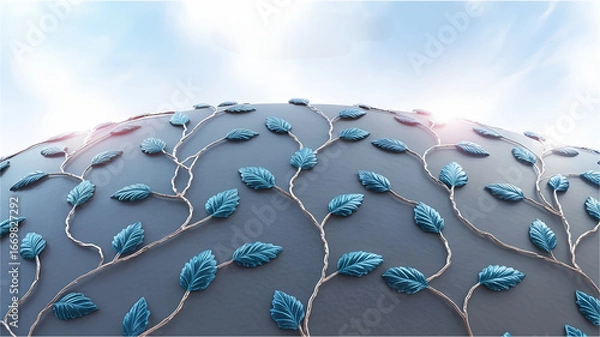 Fototapeta social network concept, Abstract 3D background with metallic branches and blue leaves on curved surface