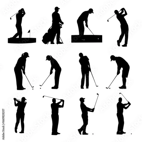 Fototapeta Golfers in Action: A compilation of golfers in dynamic poses, captured as silhouettes against the crisp light, each swing a study in focus and precision.