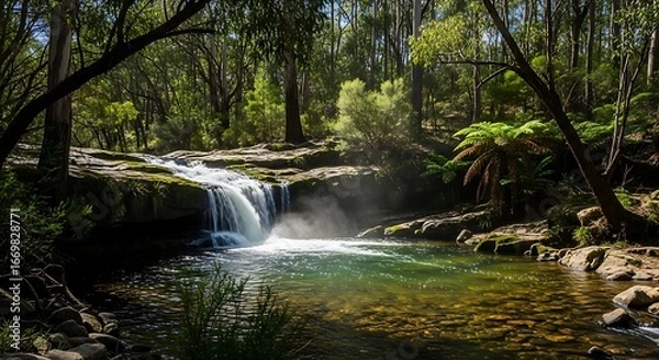 Fototapeta Serene Forest Waterfall with Lush Greenery and Sunlight.
