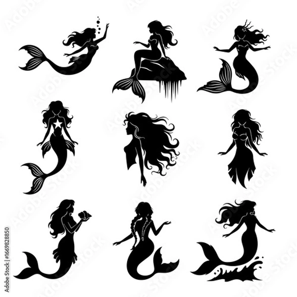 Fototapeta Mermaid Silhouette Collection: A captivating set of elegant silhouette images of mermaids, each poised with unique gestures, bringing the mythical underwater world to life.