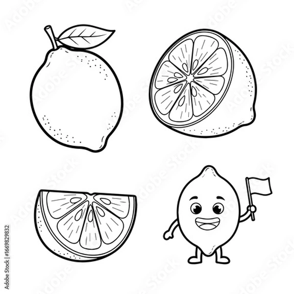 Fototapeta Fresh tropical citrus fruits with lemon orange lime grapefruit and kiwi illustration
