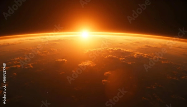 Fototapeta 3D View of Earth with Oceans, Clouds, and Sunrise in Space
