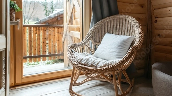 Fototapeta Wooden cabin rocking chair with snowy view