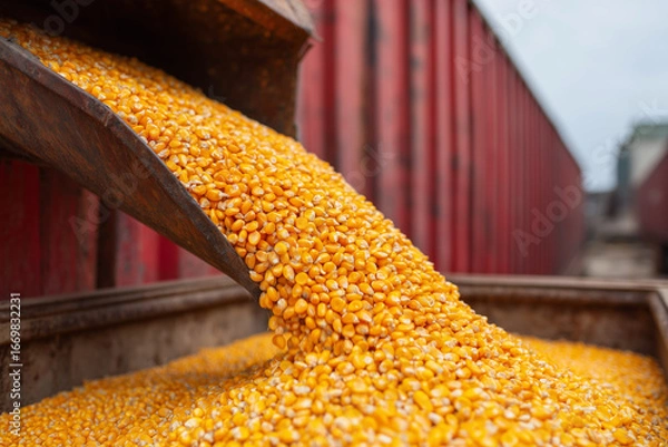 Fototapeta A large pile of corn is pouring out of a scoop