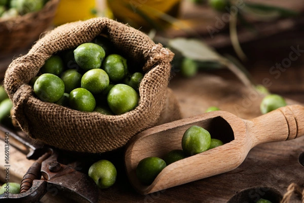 Fototapeta Olives on rustic table