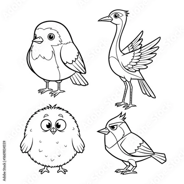 Fototapeta Charming Birds Quartet: A delightful collection of four adorable birds in black and white, each showcasing their unique personality and charm in a simple, elegant style.