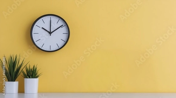 Fototapeta Minimalist clock showing 8 o'clock hanging on a yellow wall with two plants below on a white shelf, ideal for time management concepts