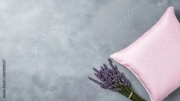 Fototapeta Pink silk pillowcase is lying on gray textured background with bunch of dry lavender flowers beside it, promoting good sleep and relaxation