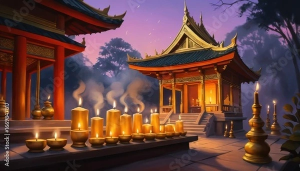 Fototapeta A digital painting capturing the golden glow of candles and the gentle smoke of incense rising from offerings at a spirit house during a twilight ceremony.