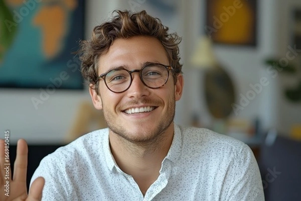 Fototapeta Successful young businessman talking with friends on a video call, smiling and waving at the smartphone camera, engaged in a professional or casual conversation at work or on a break, Generative AI