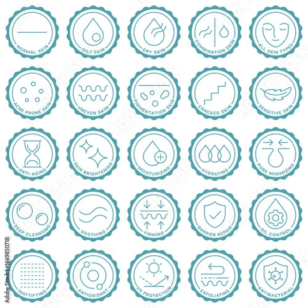 Fototapeta Wavy Seal Badge Skincare Icons for Skin Types Concerns and Benefits in Minimal Line Style