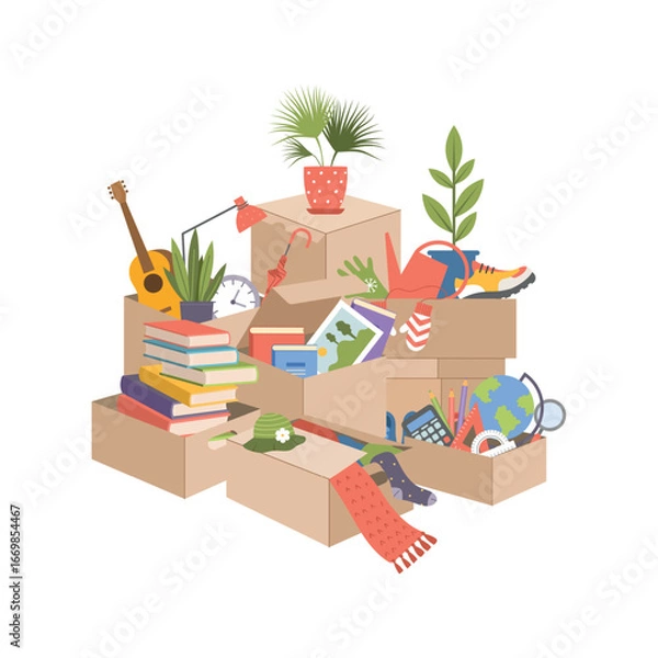 Fototapeta Boxes for moving. different items in cardboard boxes. vector hills from paper containers