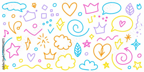 Fototapeta Colorful Doodle Elements Collection with Hearts Stars and Crowns doodles drawings