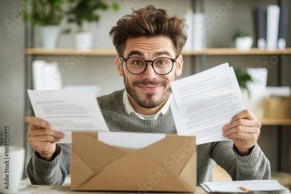 Fototapeta Portrait of a young businessman working at a desk with a laptop, holding an envelope with a letter and documents, smiling and looking at the camera, reflecting satisfaction  success, Generative AI