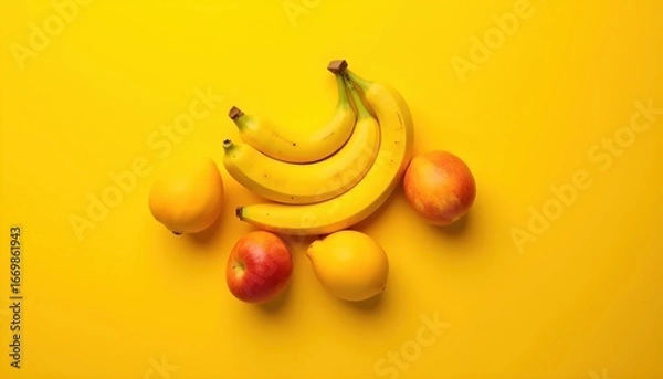 Fototapeta Bright Yellow Flat Lay Advertisement with Pineapple Banana and Lemon