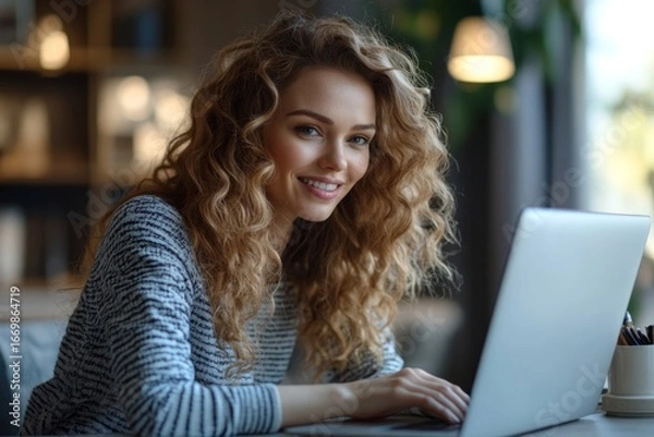 Fototapeta young businesswoman sitting at the desk in front of the laptop, looking at the monitor with a smile while participating in business training, interviews, or meetings via video call, Generative AI