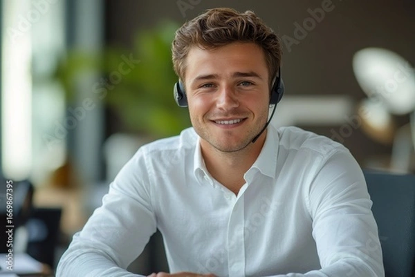 Fototapeta Portrait of a young businessman in a headset, sitting at a desk in the office, smiling and looking confidently at the camera, exuding professionalism and self-assurance in his work, Generative AI