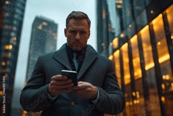 Fototapeta Serious businessman holding a phone, reading an online message, and typing, focused on his work as an investor outside the office building, representing concentration and success, Generative AI