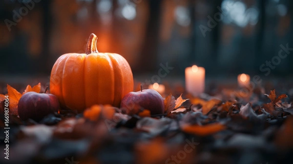 Fototapeta features offerings of pumpkins, apples, and candles surrounded by autumn leaves and twigs.