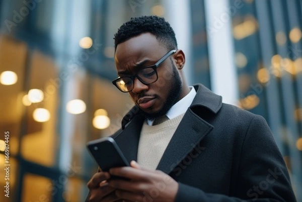 Fototapeta Upset businessman reading bad news online using an app on his phone, standing outside the office building, looking disappointed with his professional results, reflecting the emotional, Generative AI