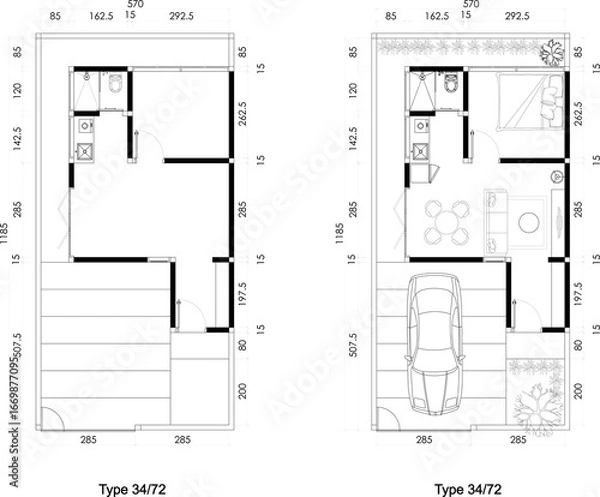 Fototapeta Two Architectural Small Floor Plans of Blank and Furniture Layout  a House with Garden and Carport. 9