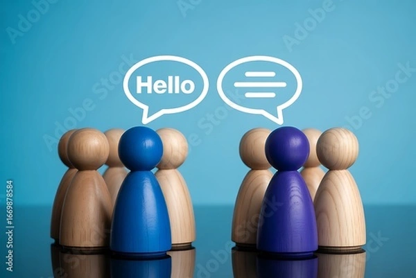 Obraz Conceptual image of two distinct groups of wooden figures engaging in dialogue. A blue leader and a purple leader initiate a conversation, symbolizing negotiation and connection