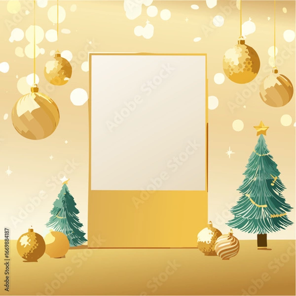 Obraz Golden christmas card with balls and lights