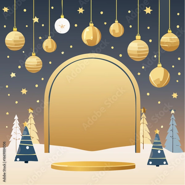 Obraz Golden christmas card with balls and lights