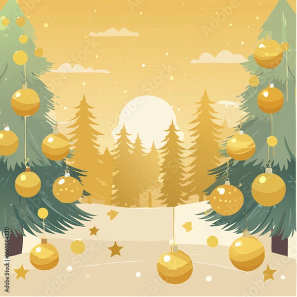 Obraz Golden christmas card with balls and lights