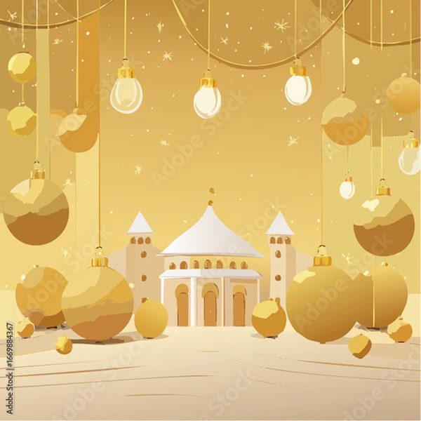 Obraz Golden christmas card with balls and lights