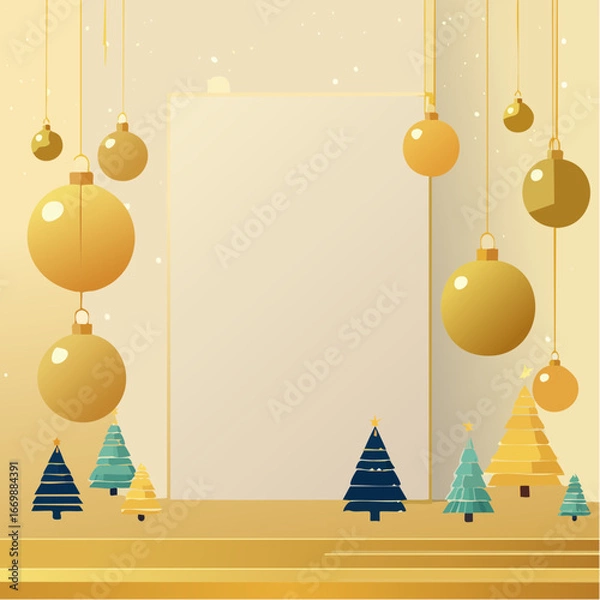 Obraz Golden christmas card with balls and lights