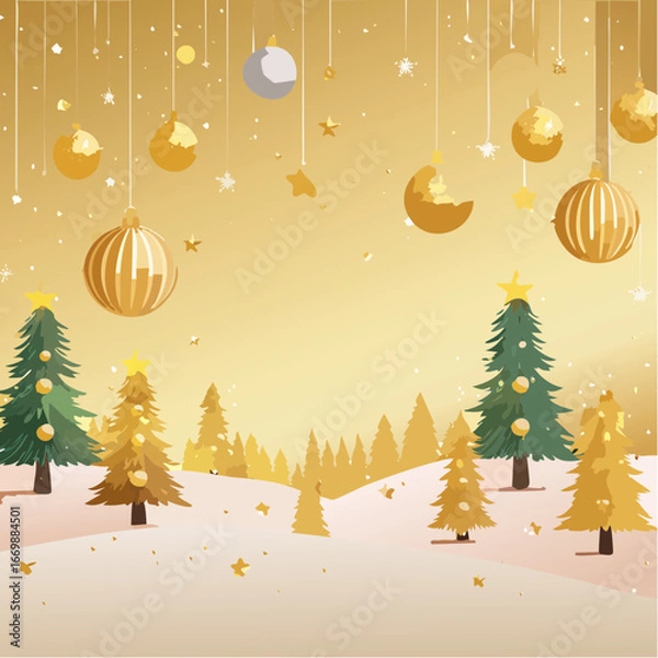 Obraz Golden christmas card with balls and lights