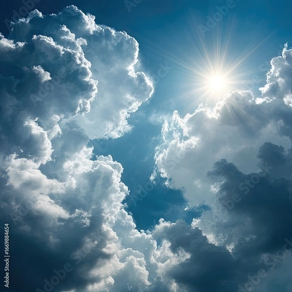 Fototapeta Dramatic sky with fluffy clouds and bright sun