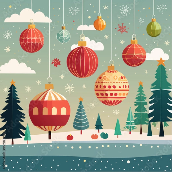 Obraz Festive Holiday Ornaments in Vibrant Colors, Decorative Christmas Tree Decorations, Seasonal Cheer Elements.