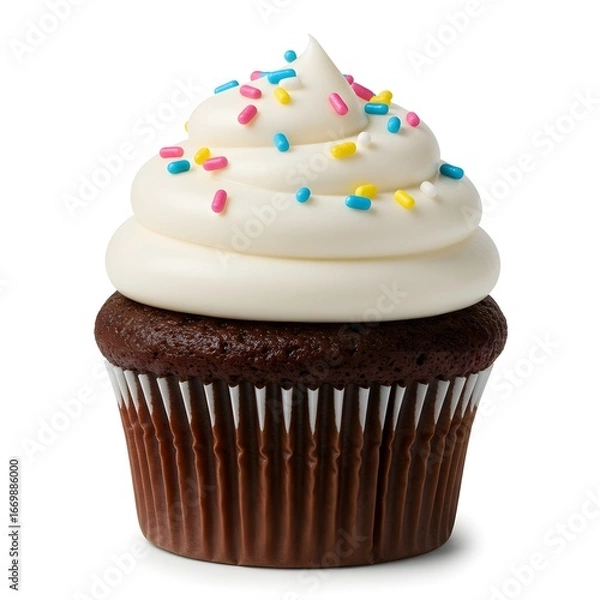 Obraz Delicious Chocolate Cupcake with Sweet Vanilla Frosting and Colorful Sprinkles for Celebrations and Parties	