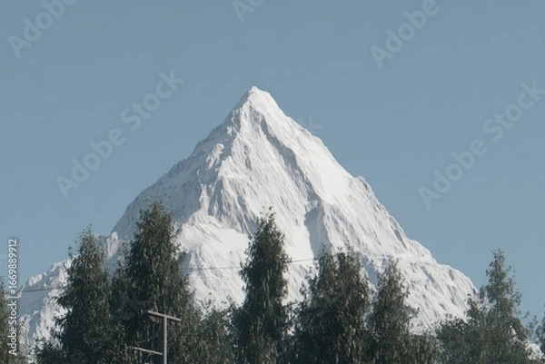 Fototapeta Snowy mountain peak rising above a line of trees