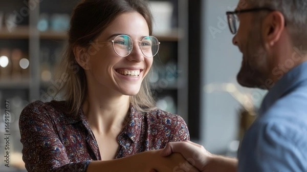 Obraz Happy Caucasian young woman with glasses smiling brightly while shaking hands with male colleague in modern office setting, professional networking in business environment
