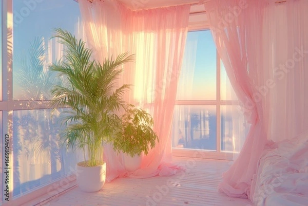 Fototapeta Pastel-toned room with large windows, soft light, and a palm tree