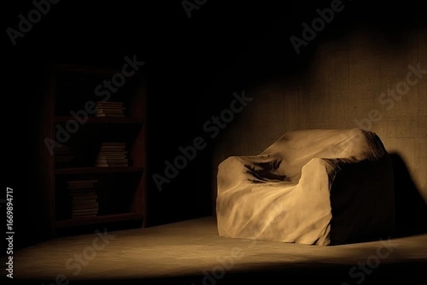 Fototapeta Dimly lit room with covered armchair and bookshelf