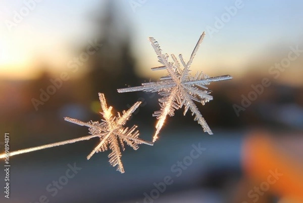 Fototapeta Close-up of two delicate, intricate snowflakes against a soft sunset
