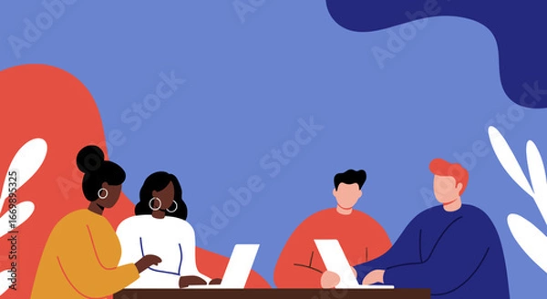 Fototapeta Diverse team of professionals collaborating in a modern, inclusive workspace. Perfect for illustrating business meetings, project discussions, or teamwork concepts.