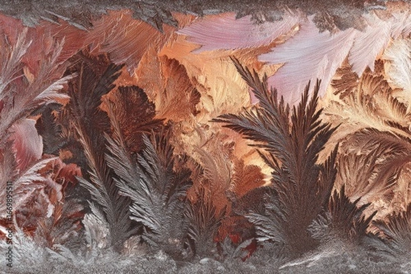 Fototapeta Detailed frost patterns on a windowpane in warm tones