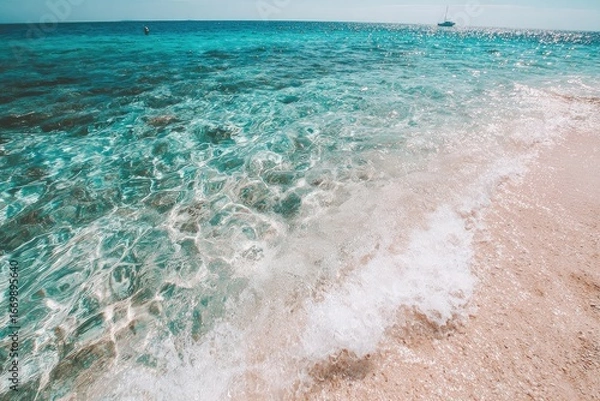 Fototapeta Turquoise ocean waves lapping a light beige shore. A sailboat is visible in the distance