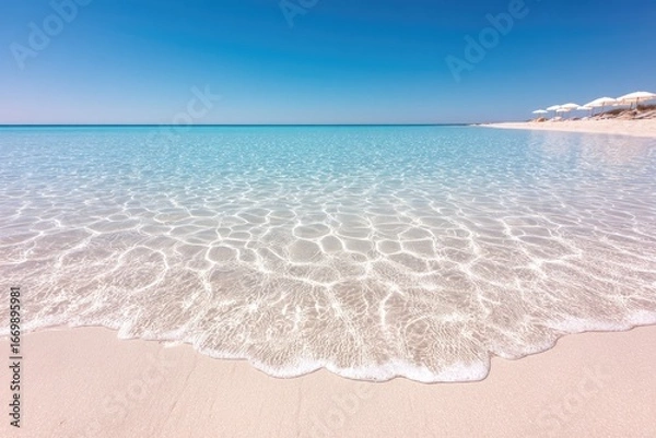 Fototapeta Tranquil turquoise beach with shallow, clear water lapping at the shore