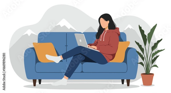 Fototapeta Comfortable young woman working or studying remotely on her laptop from a cozy sofa at home. Ideal for themes of productivity, online learning, and modern lifestyle.